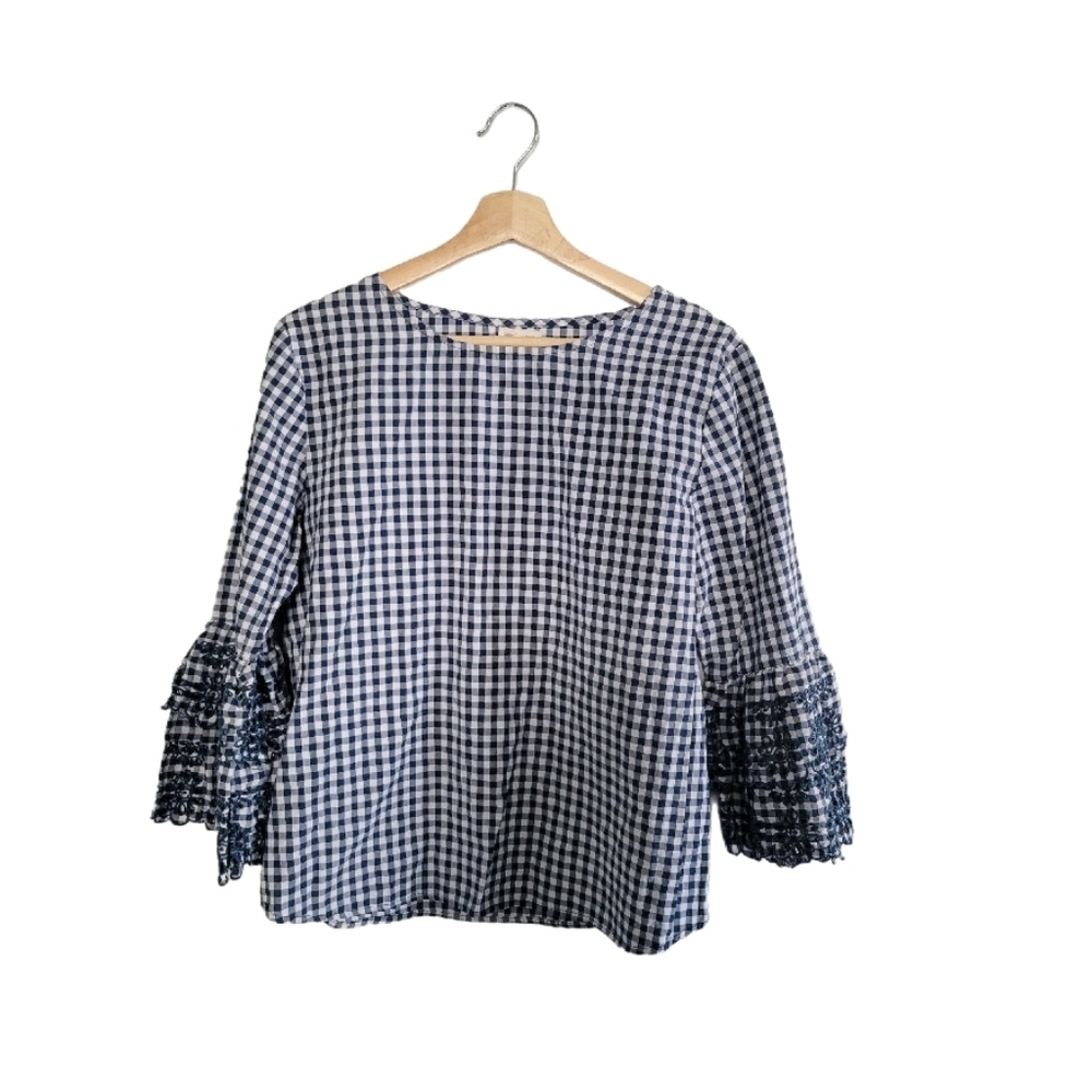 JENNIFER AND GRACE Blue Gingham Blouse Sz M Bell Sleeves Boho Cotton Blend